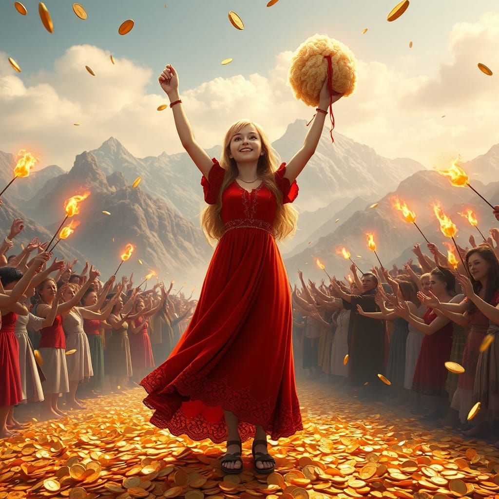 Alice Triumphs with Golden Fleece in Vibrant Anime-Inspired...