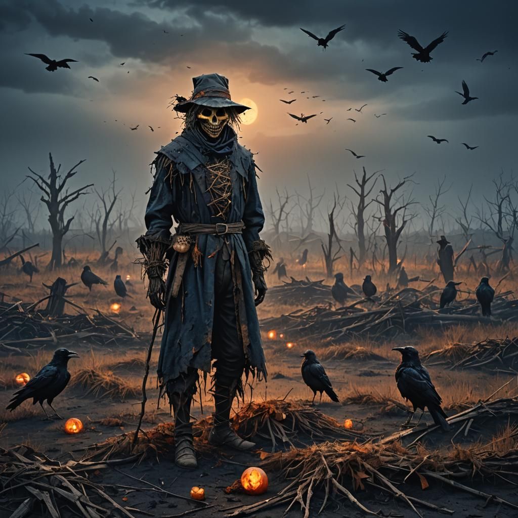 Tattered Scarecrow in Desolate Field: Dark Fantasy Art