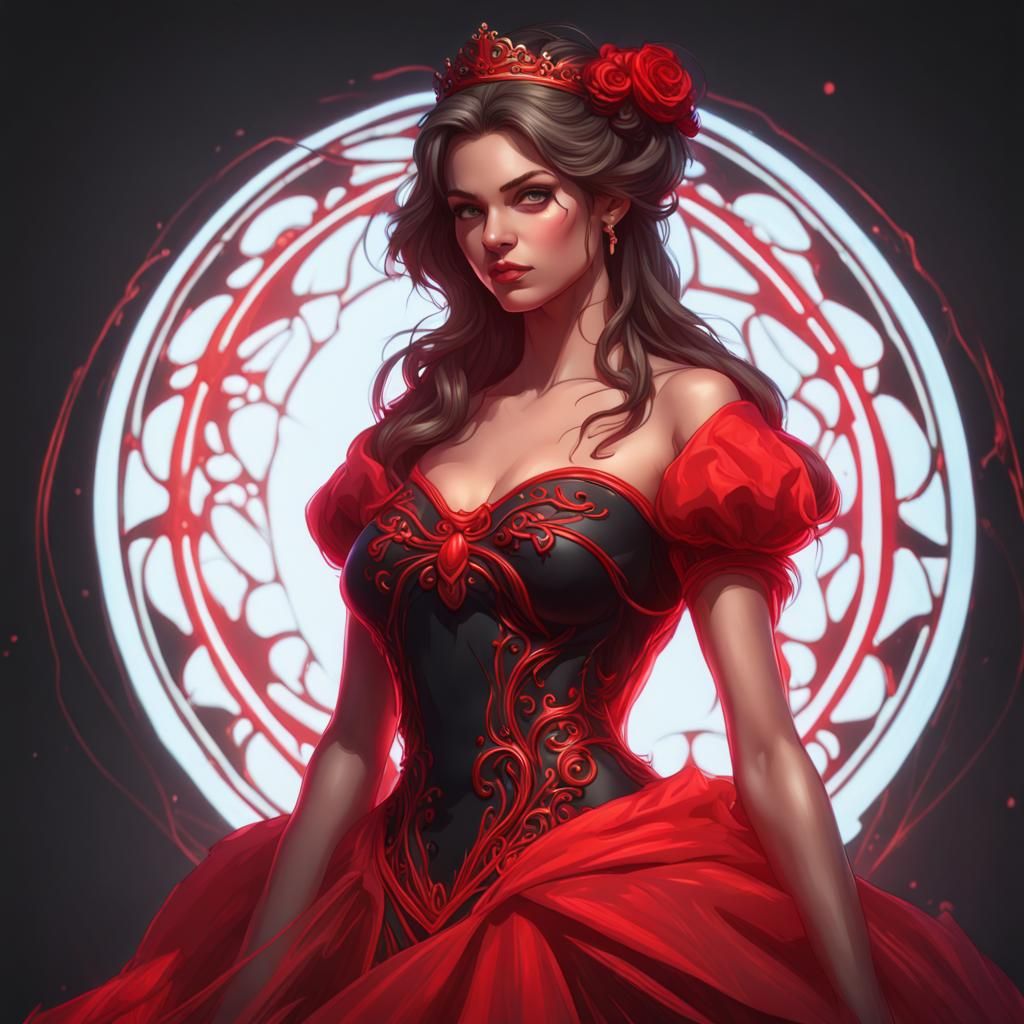 Princess in Red and Black Dress with Neon Outline