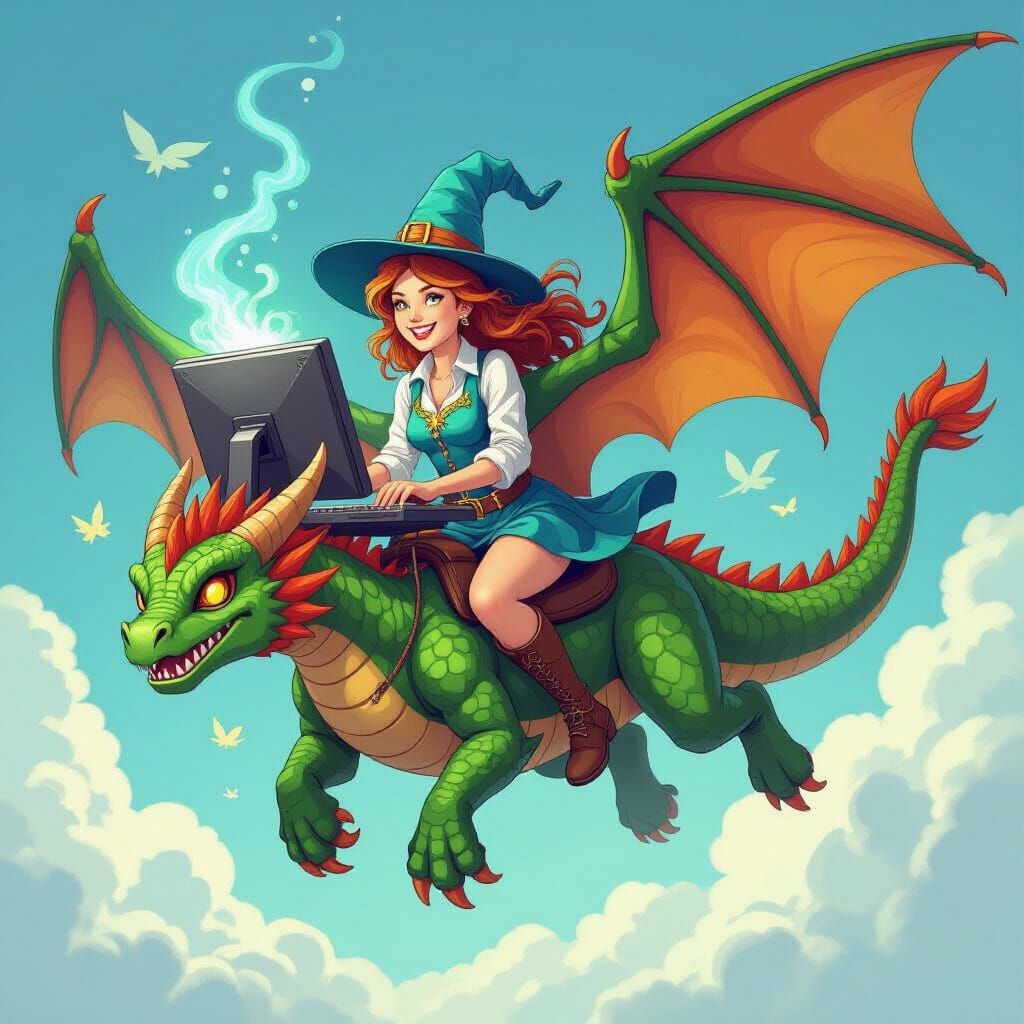 Office Sorceress Rides Computer Dragon in Vallejo Style