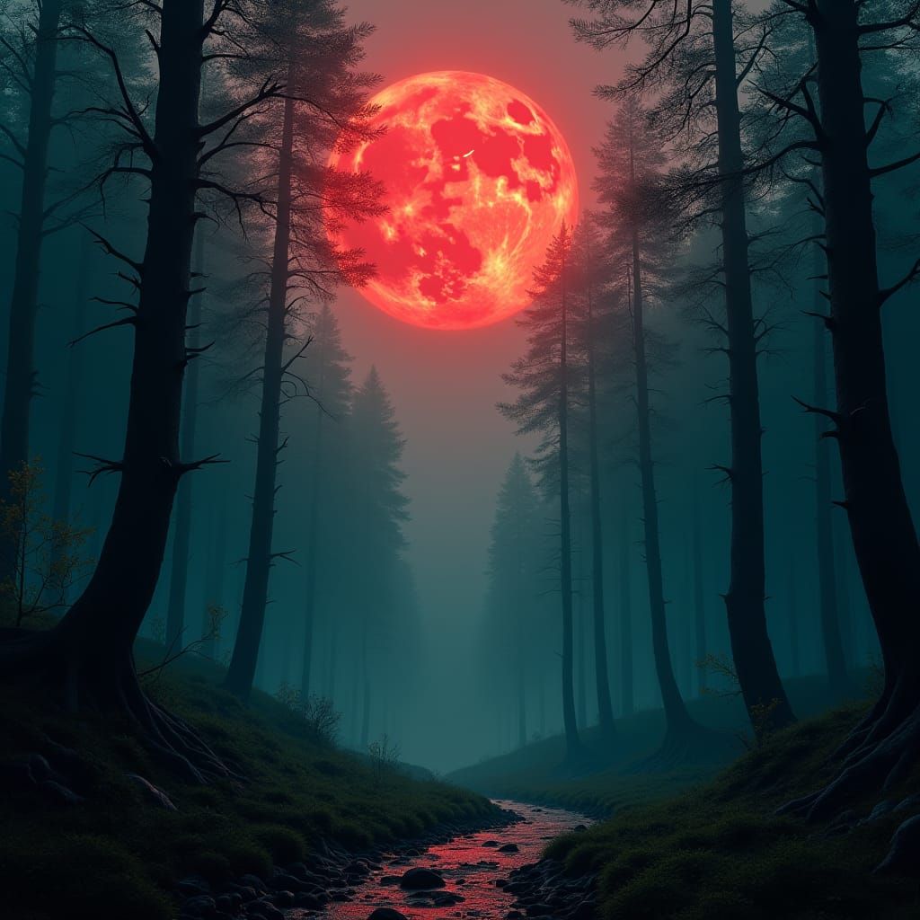 Mystical Forest with Crimson Aurora and Scarlet Moon