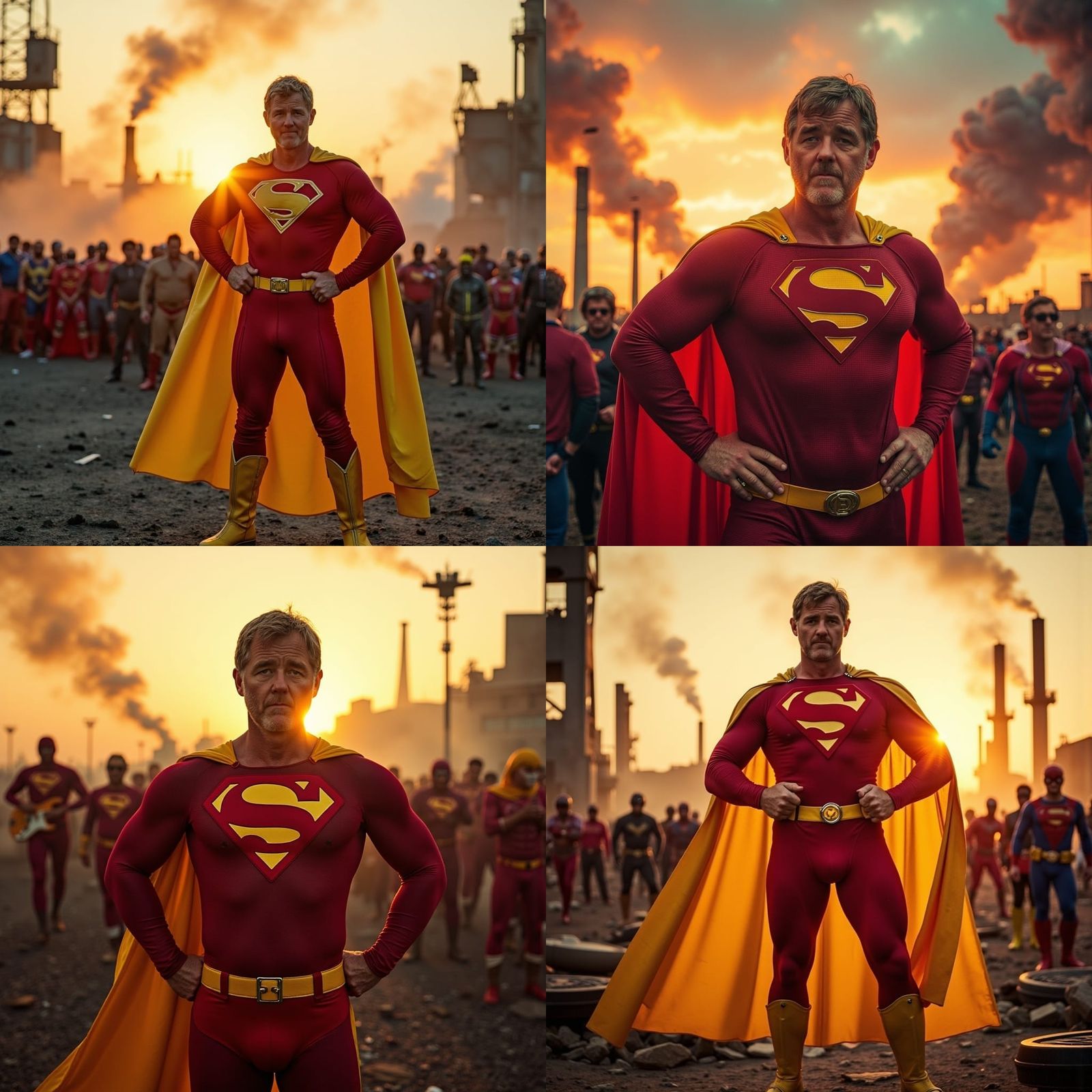 Triumphant Superhero Stands Proud Amidst Industrial Wastelan...