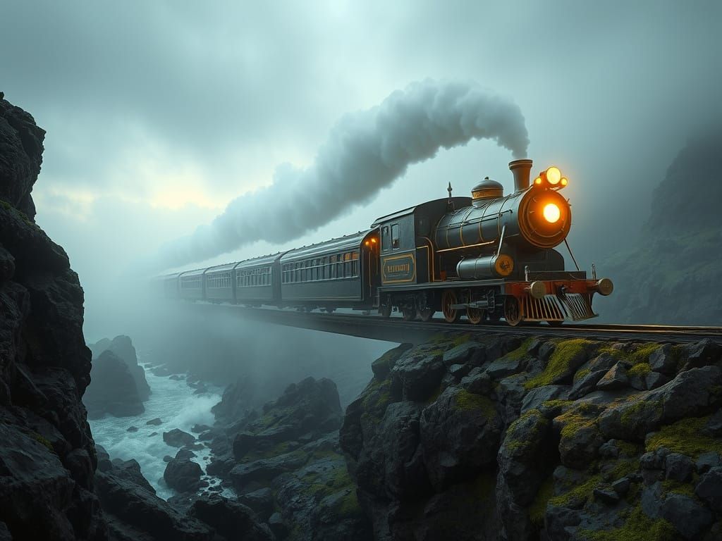 Ethereal Steampunk Train Soars Along Glistening Coast
