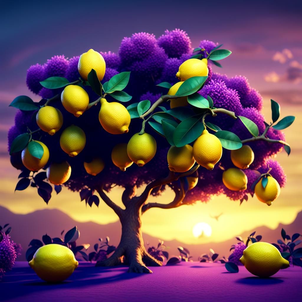 A lemon tree full of ripe yellow lemons during sunset purple...