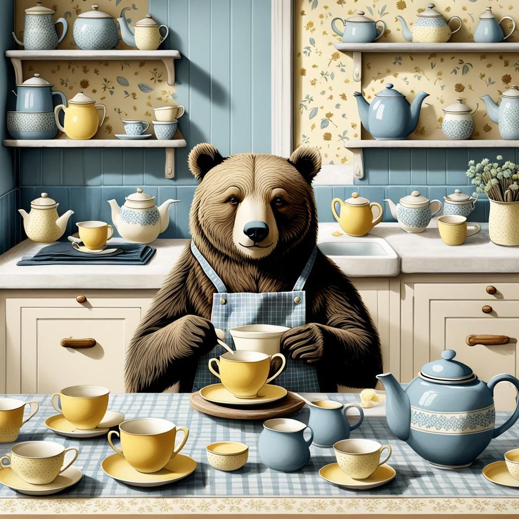 Whimsical Bear Enjoys Tea in a Quaint Countryside Kitchen