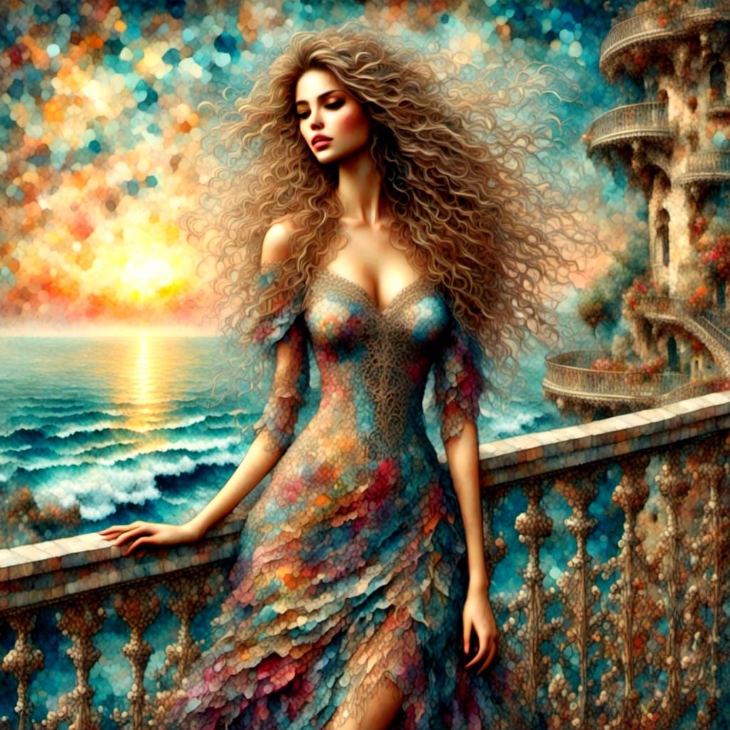 Woman on Balcony at Sunset: Dreamlike Fantasy Art