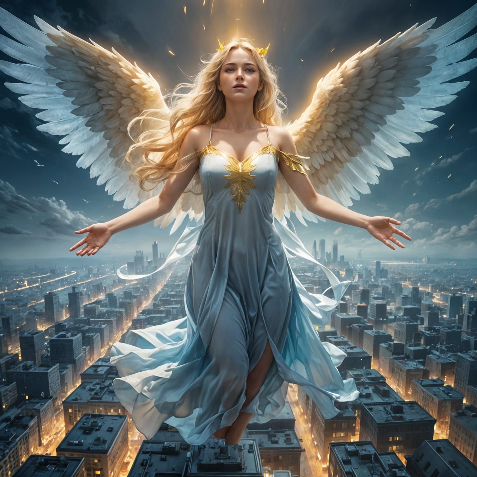 Angelic Blonde Floats Above Dark City