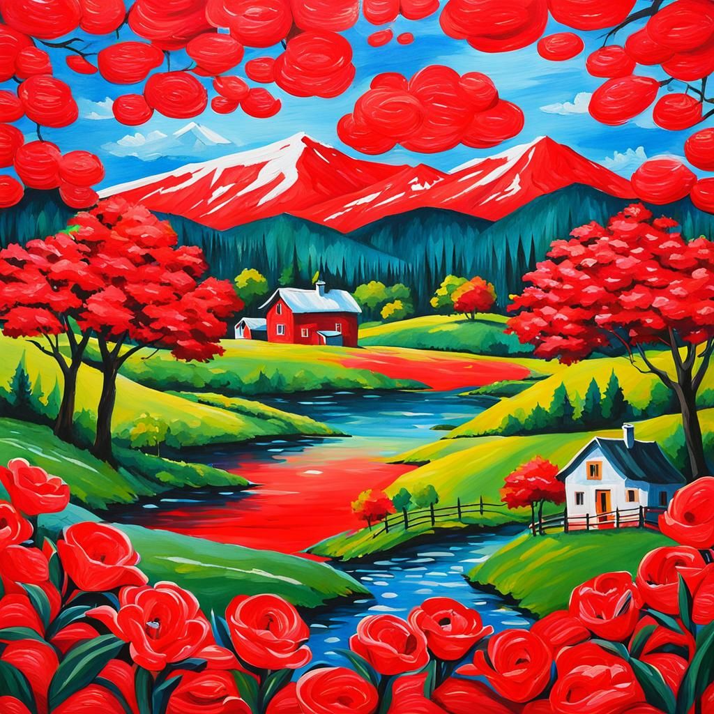 Vibrant Red Scene in Gouache Painting Style