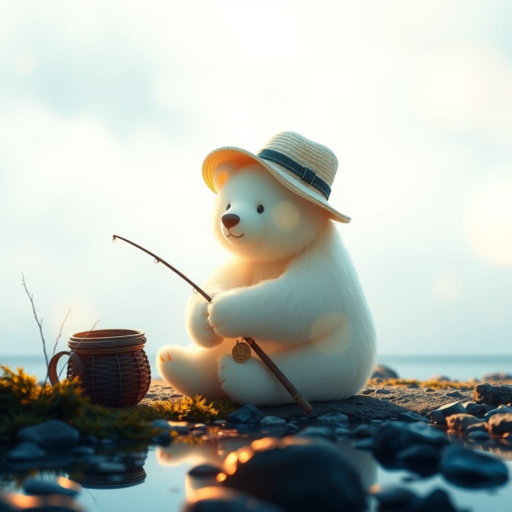 Iridescent Bear Fishing in Dreamlike Pastel Scene