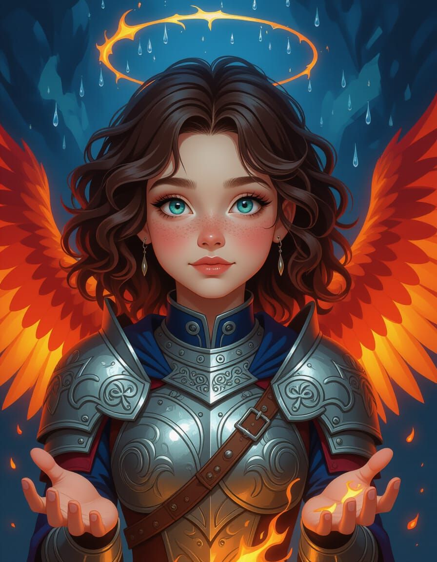 Teenage Fantasy Warrior With Fiery Phoenix Wings