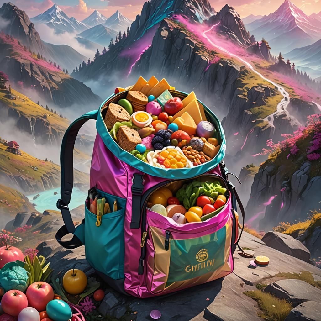 Healthy Food Backpack on a Mountain, Concept Art