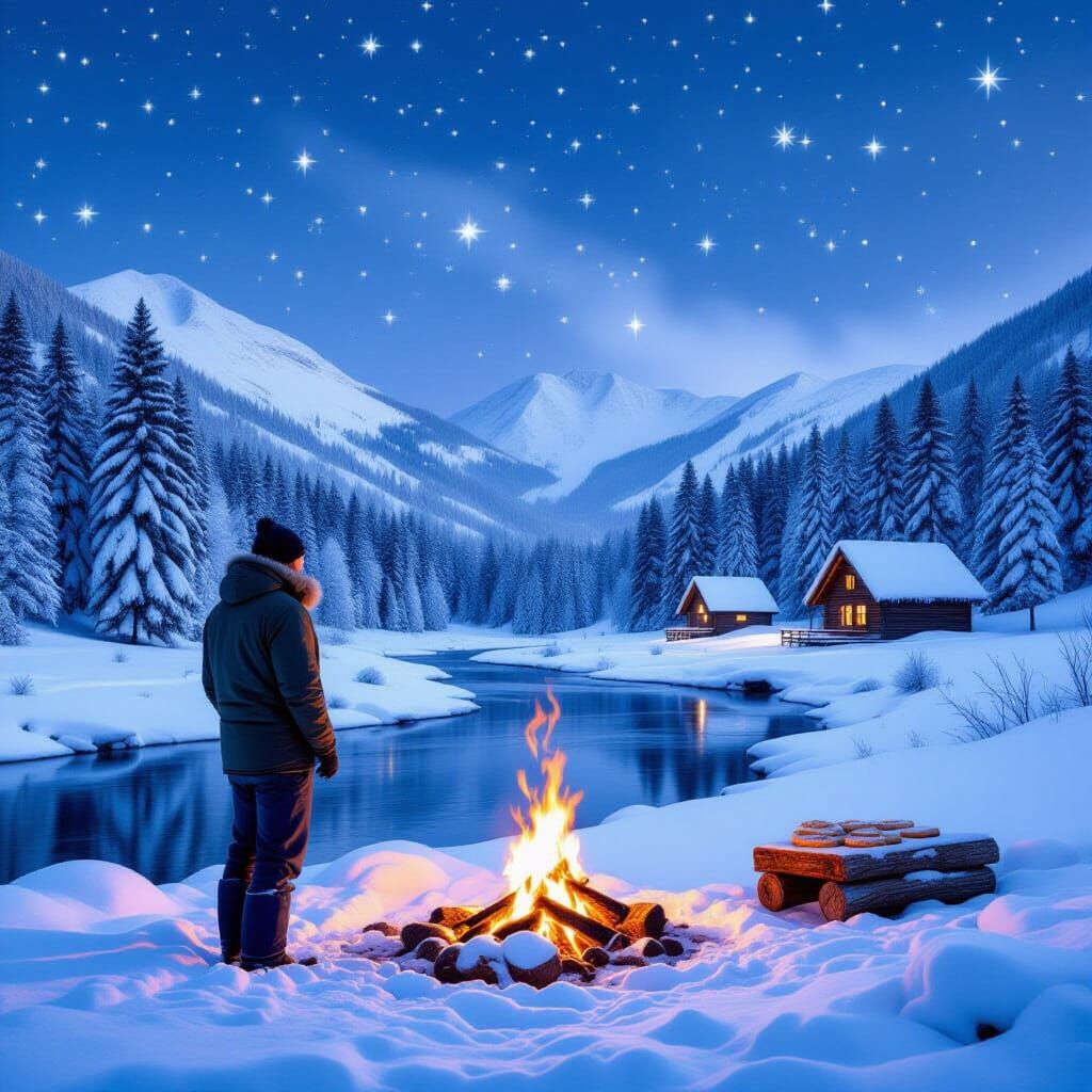 Man by Frozen Stream in Snowy Valley, Ansel Adams Style