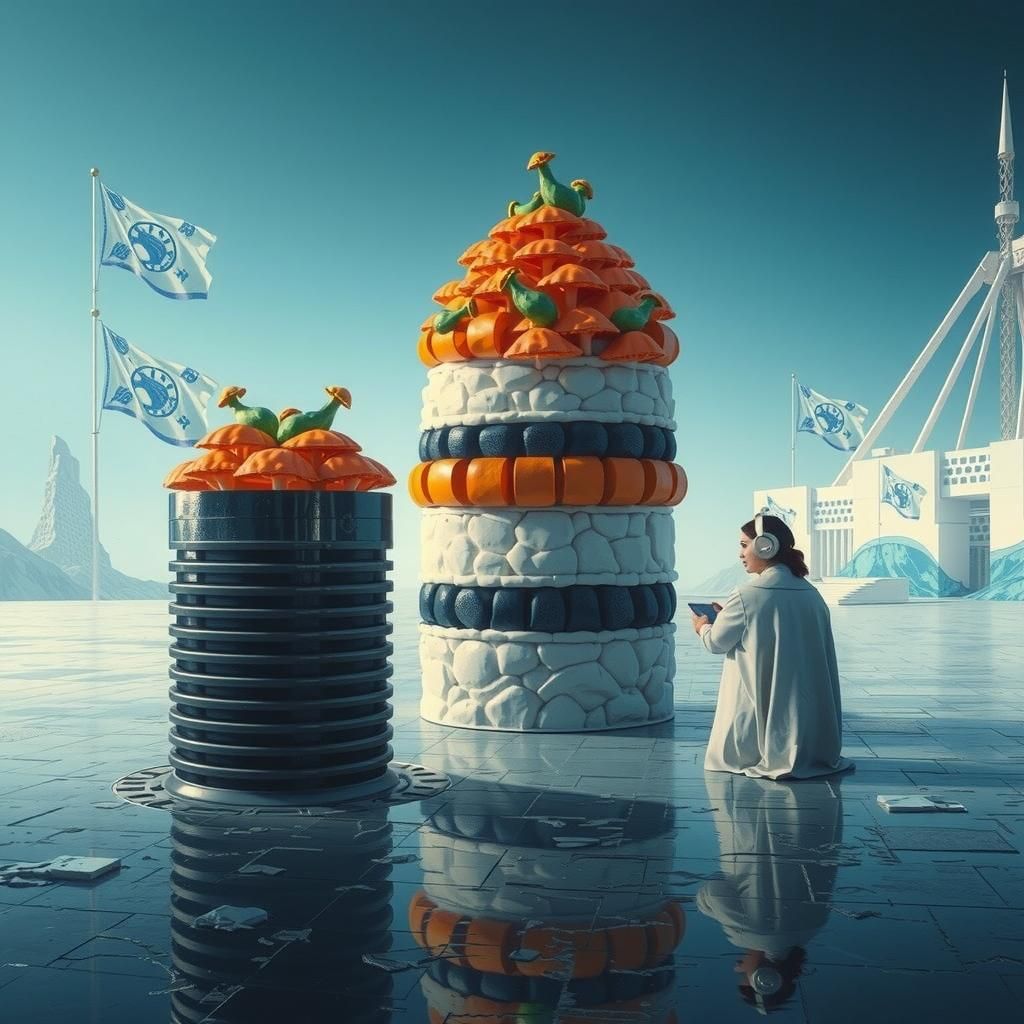 Linocut Mushroom Flags Waving Over Porcelain Fungi