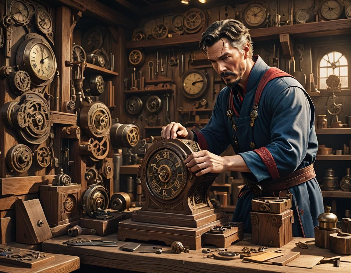 Dr. Strange Crafts Clock in Hyperrealistic Workshop