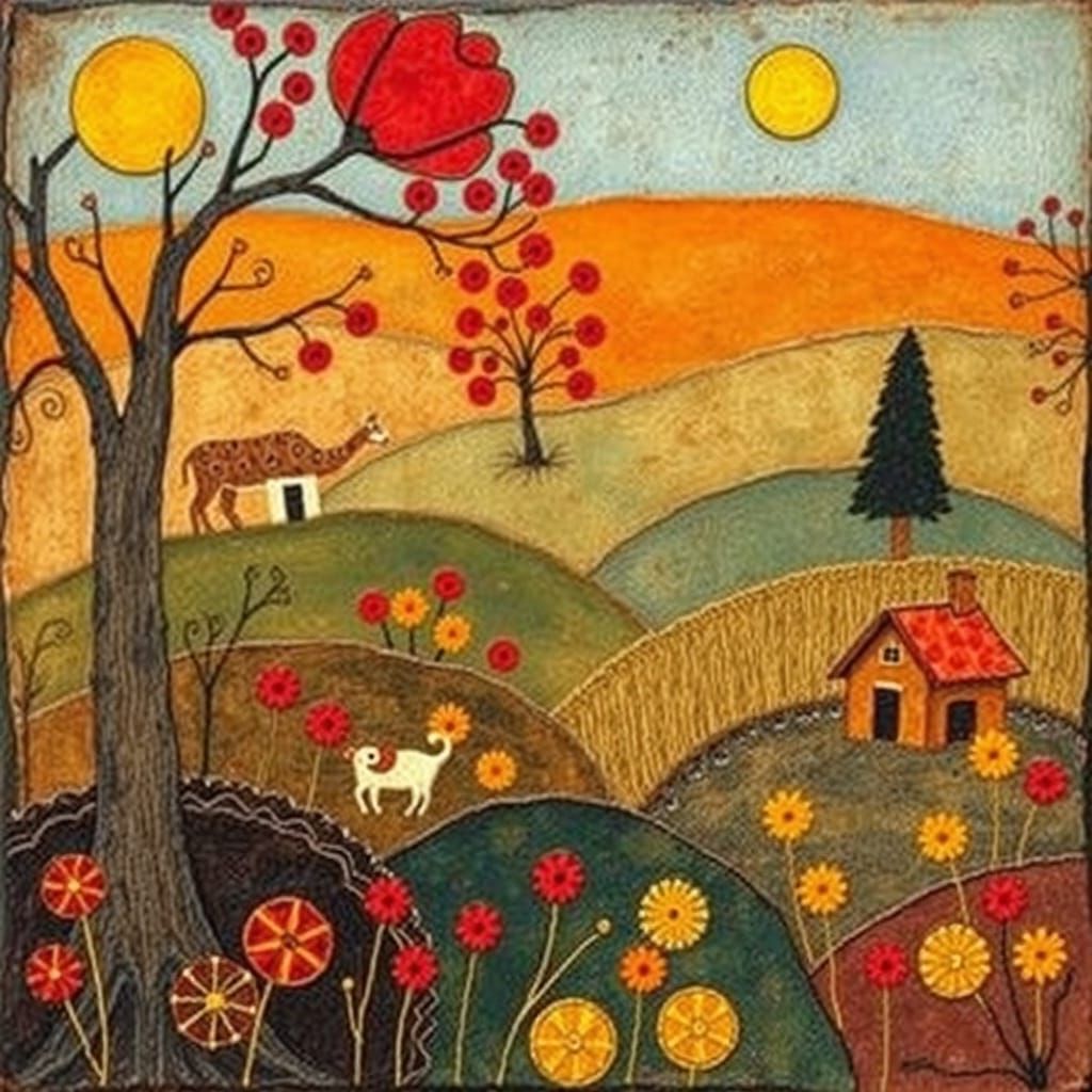 Earthy Folk Art Scene with Mixed Media Textures