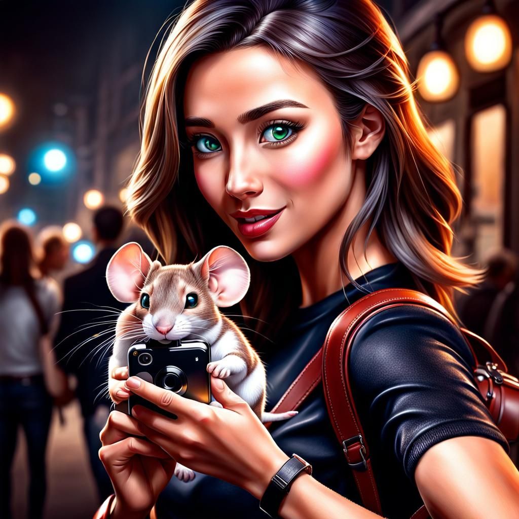 Girl's Selfie with Mouse: Realistic DSLR Image