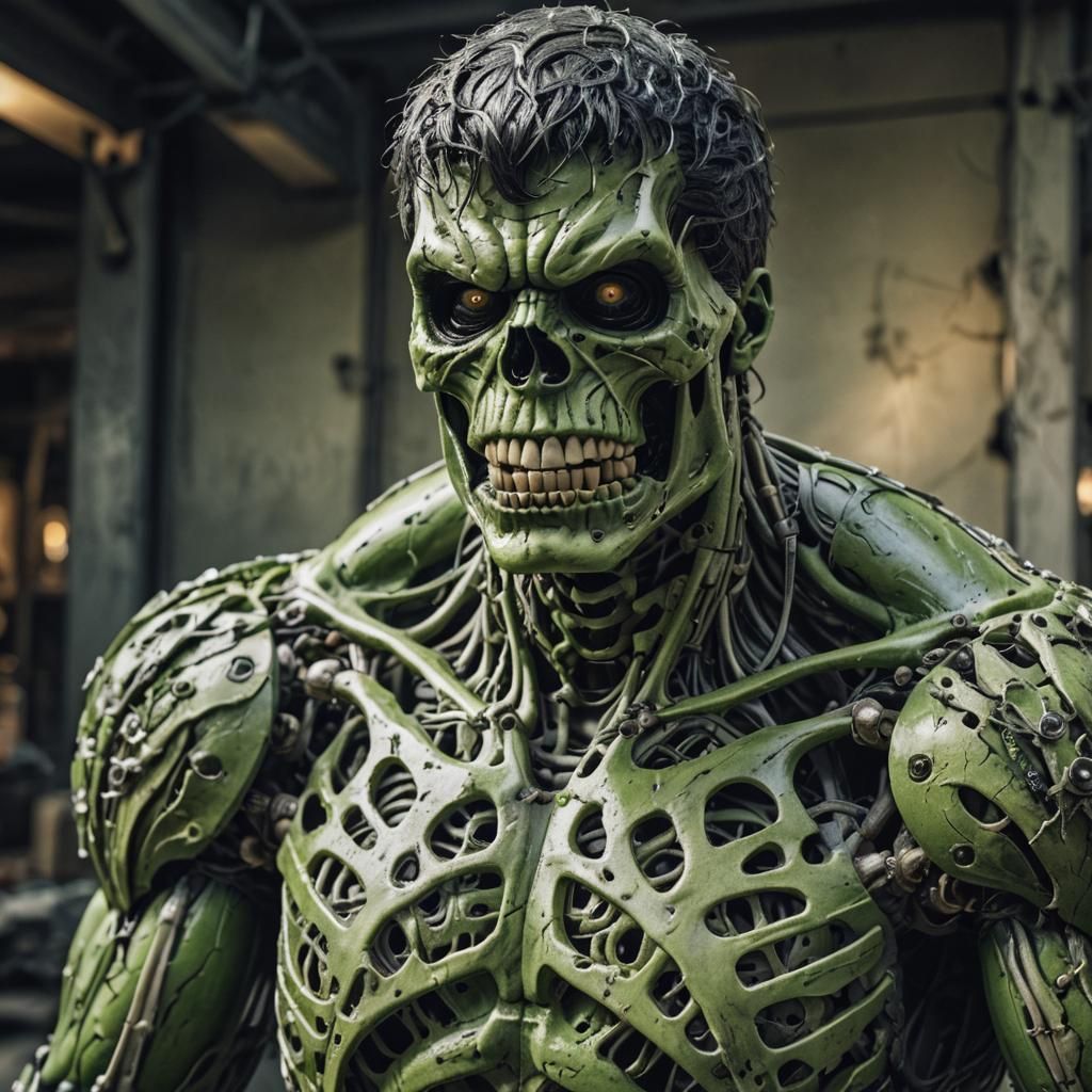 Skeleton in Hulk Suit Hyperrealistic Close-Up