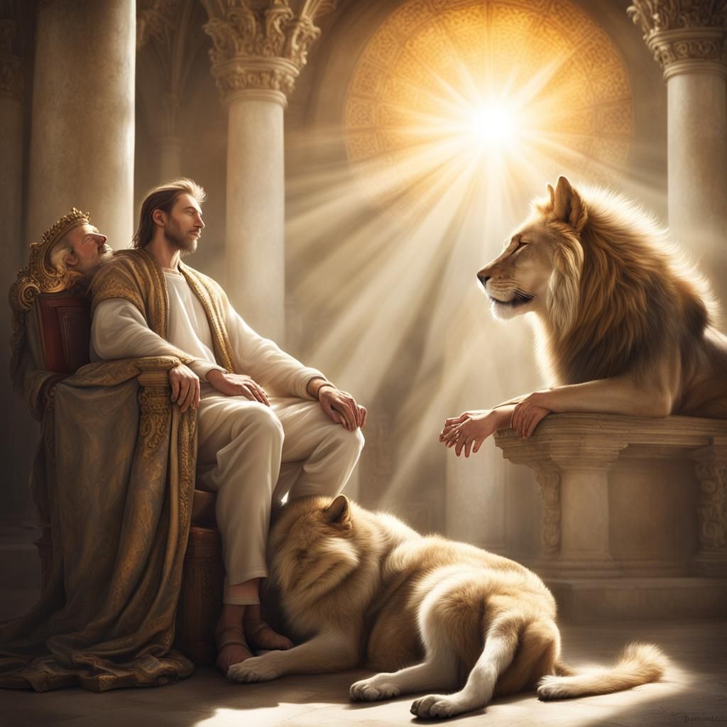 A man reclined on the throne, and a wolf slept under his left hand, and a lion slept under his right hand.
