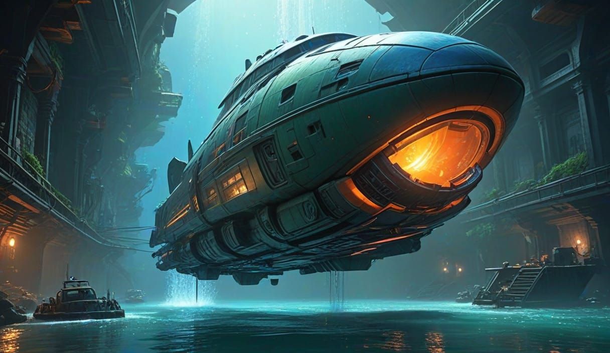 Cyberpunk Alien Warship in Battle with Underwater Train