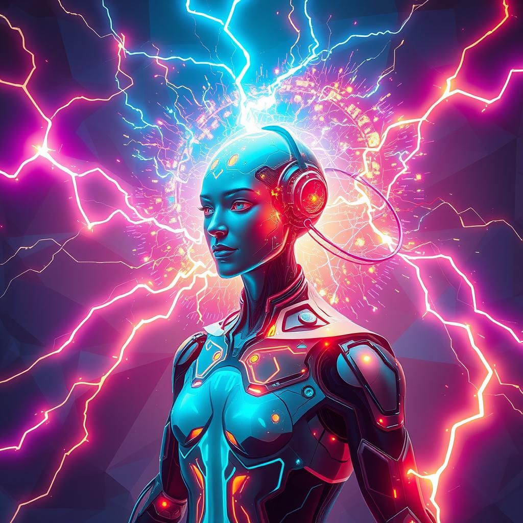 Futuristic Humanoid Recharging in Neon Cybernetic Landscape