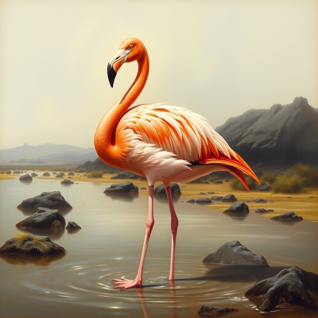 American Flamingo in Luminous Victorian Oil Painting Style