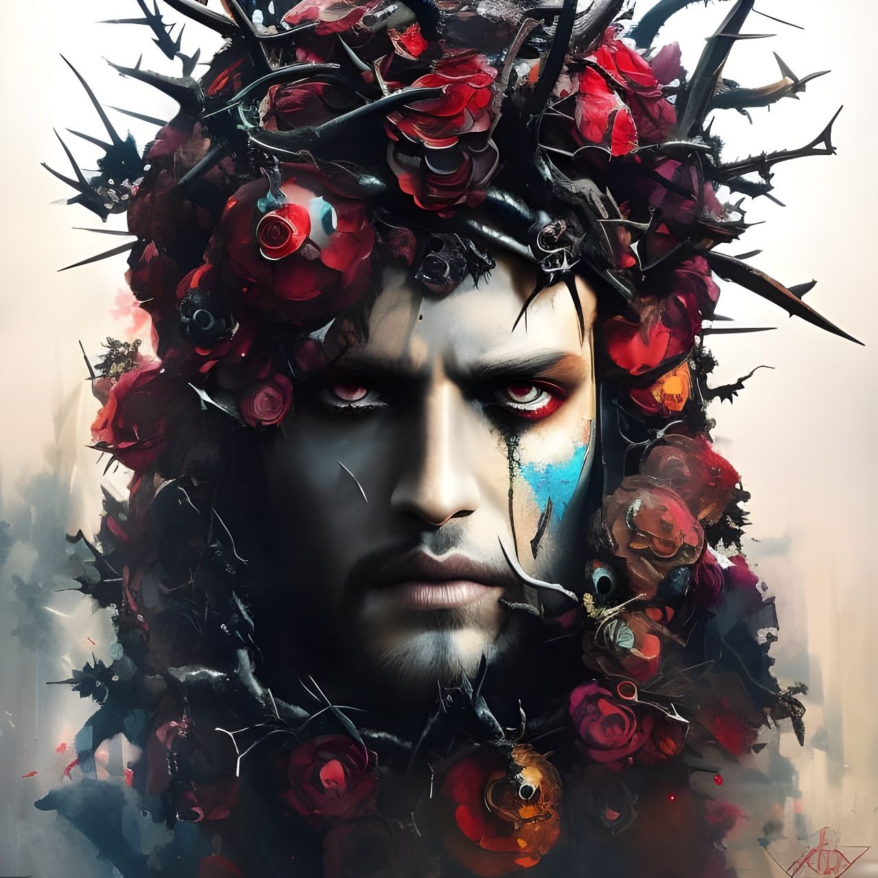 Skull with Thorns in Colorful Splash Art Style