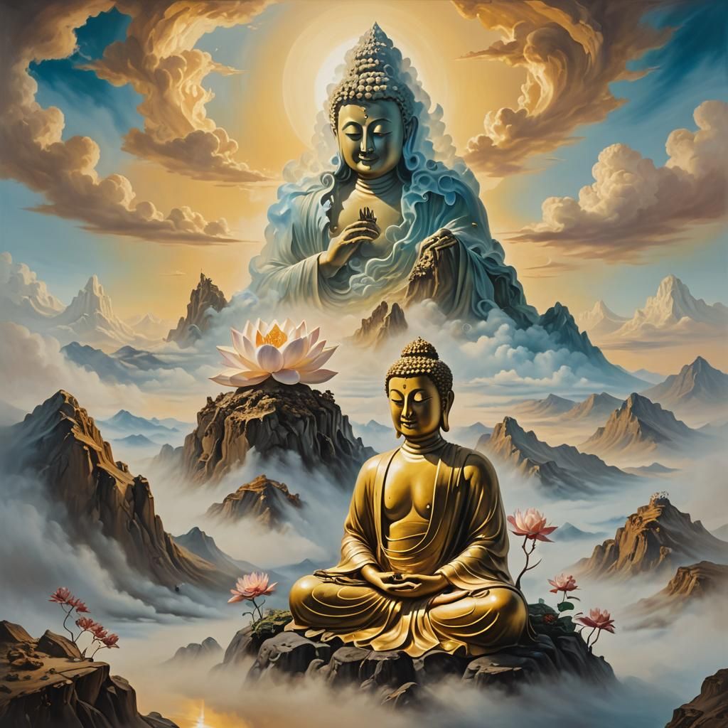 Serene Buddha on Misty Peak in Surreal Oil Painting
