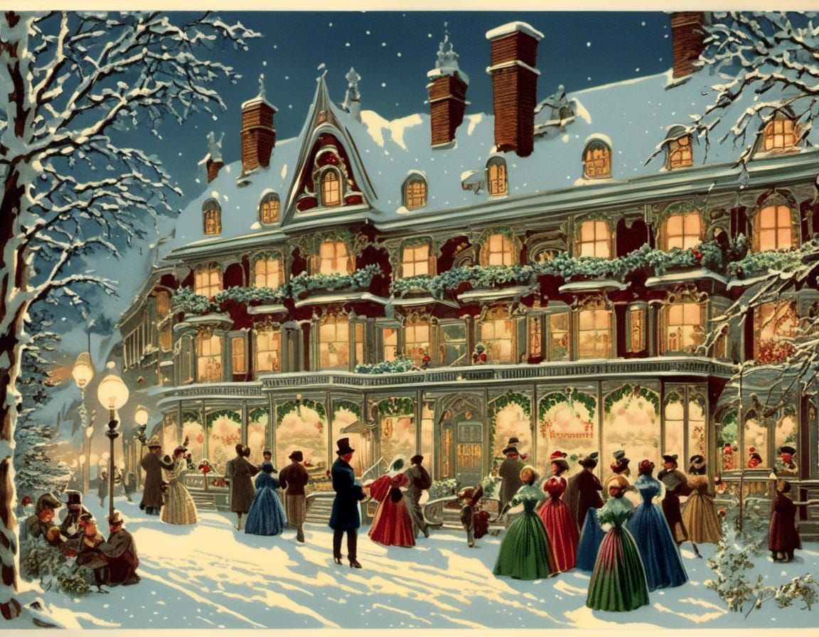 Neo-Victorian Christmas Postcard Scene with Carolers
