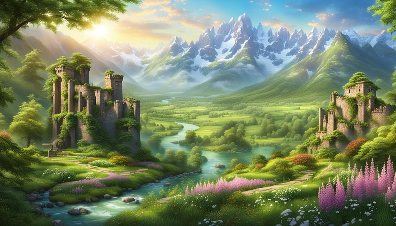 Lush Spring Landscape with Verdant Mountains and Ruins