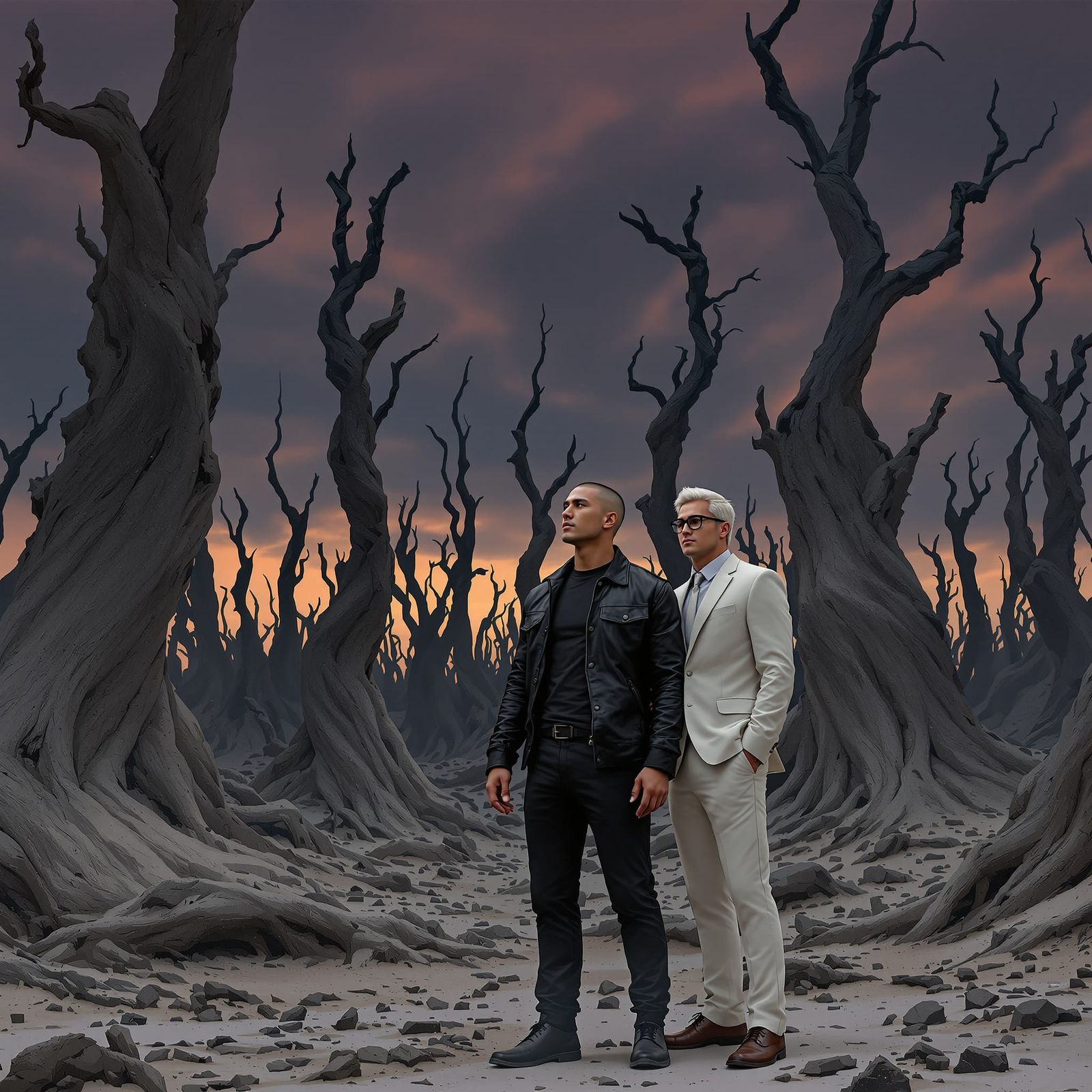 Two Men in Petrified Forest Under Twilight Sky