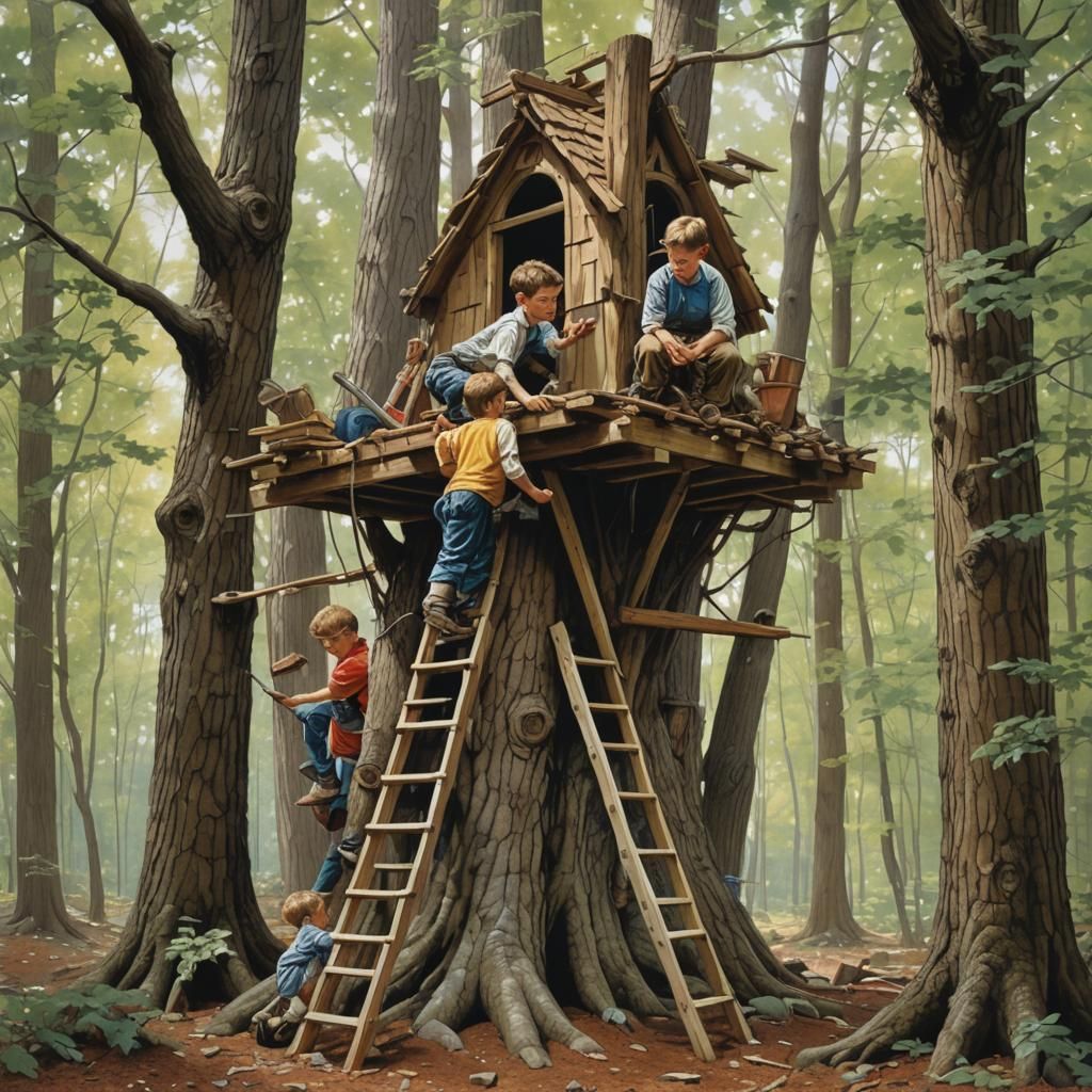 Kids Build Treehouse in Realistic Americana Style