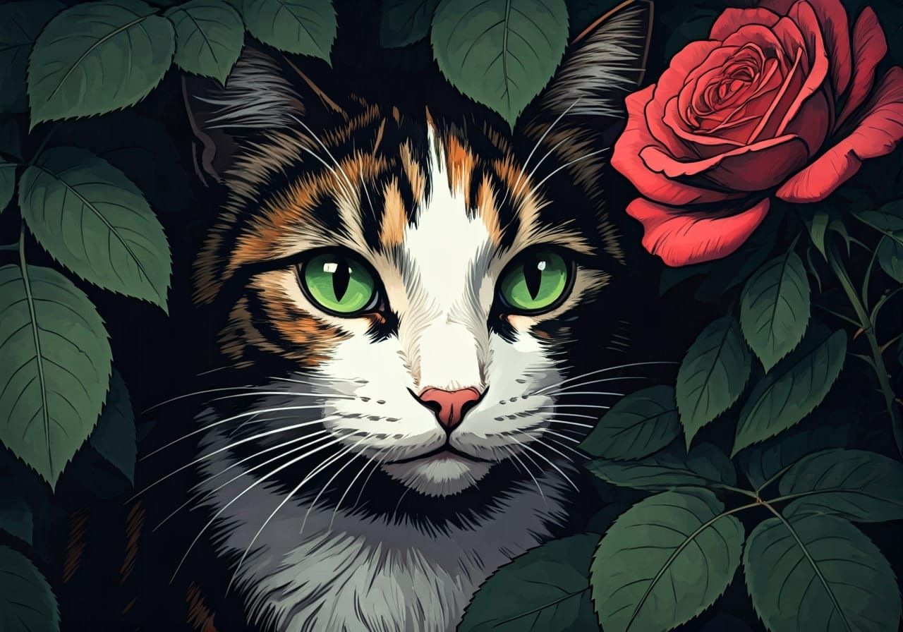 Calico Cat Hiding Under Rose Bush in Graphic Novel Style