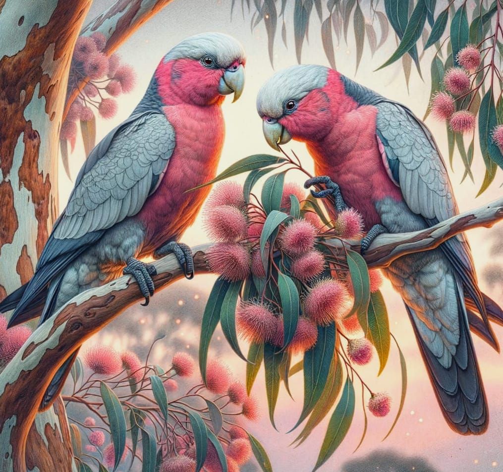 Galahs Enjoy Gum Blossoms at Sunset, Watercolour
