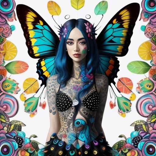 Butterfly Woman with Peacock Feathers in Candy Art Style