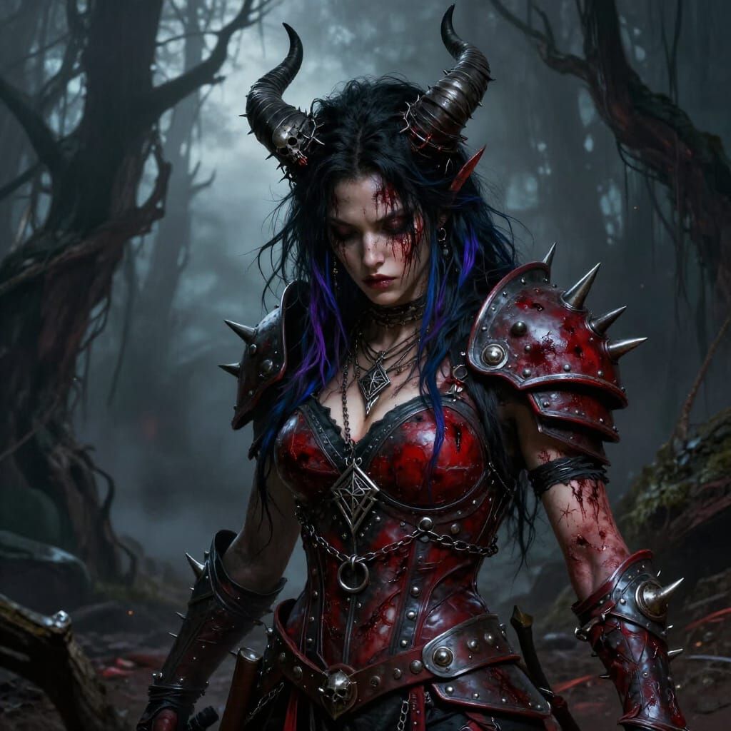 Fierce Warrior Woman with Horns in Dystopian Forest