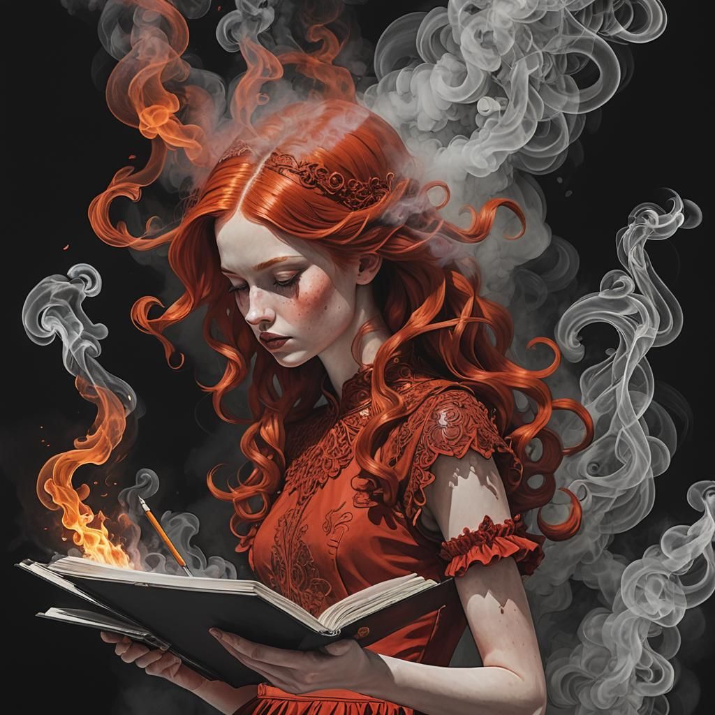 Fiery Haired Girl Emerges from Sketchbook