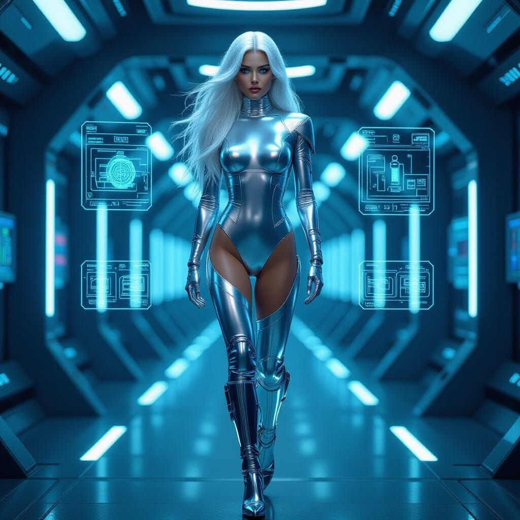 A statuesque android with long, flowing platinum hair and pi...