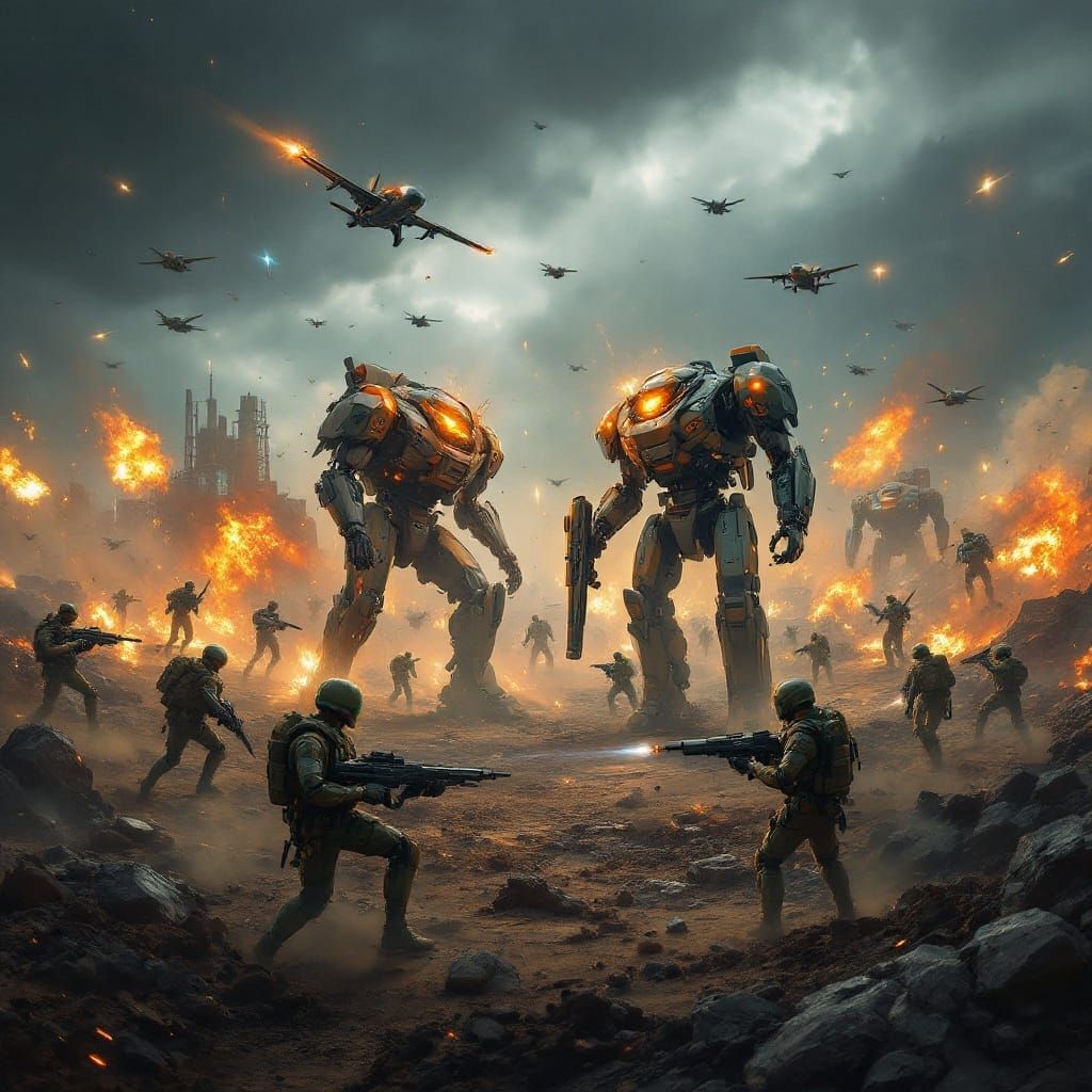 Epic Futuristic War Scene with Advanced Mech Robots and Ener...