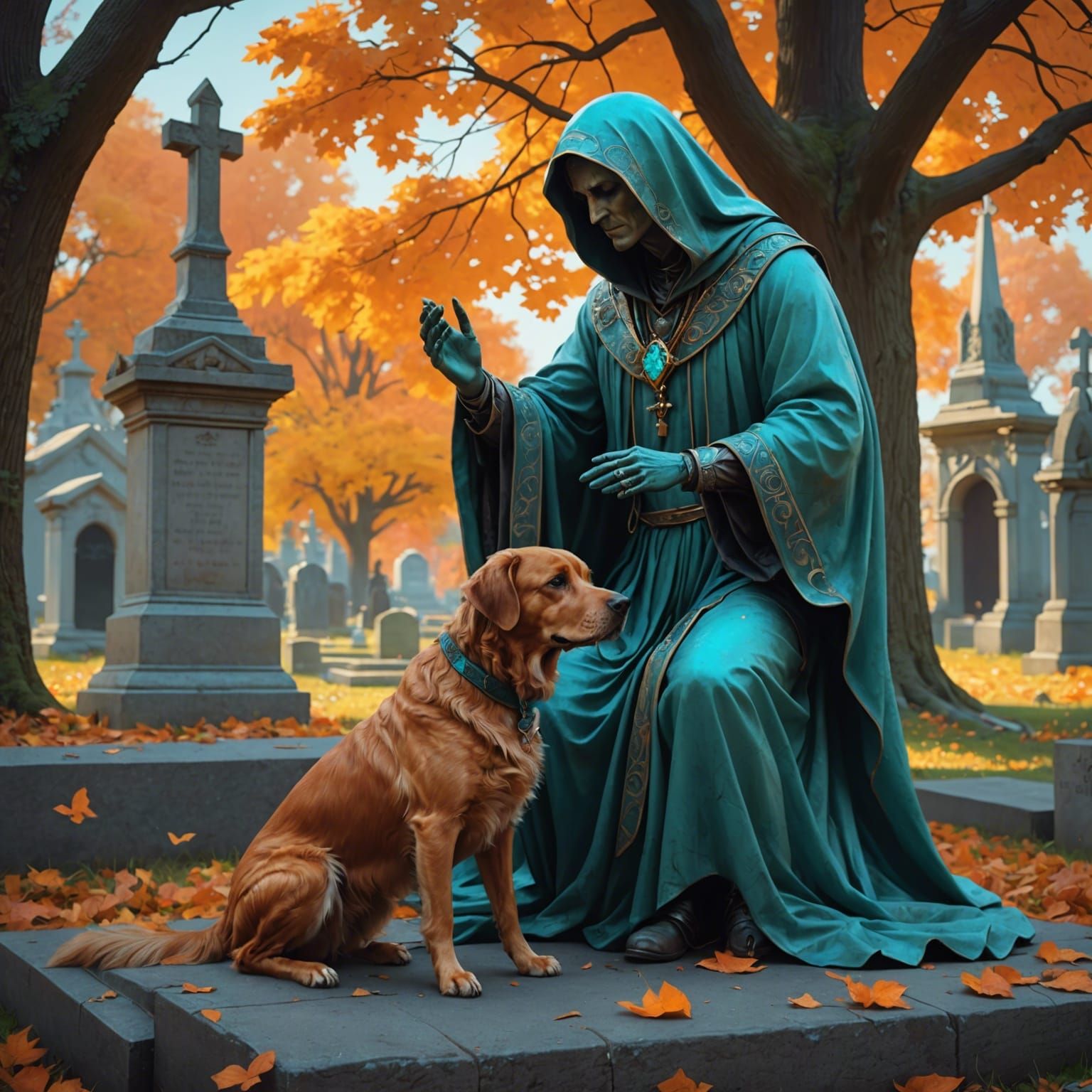 Ghost Petting Dog in Cemetery: Dynamic Lighting Art
