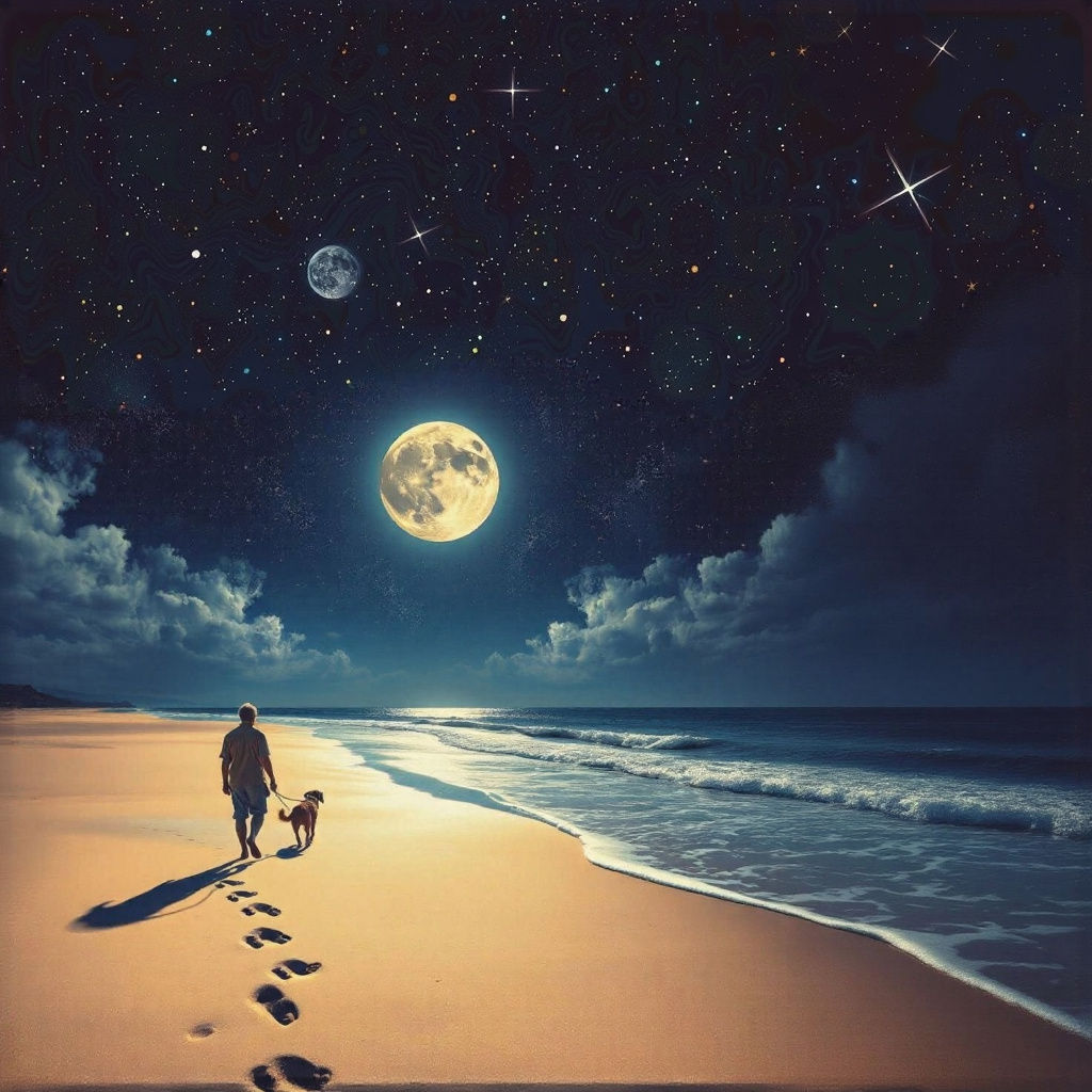 foot prints and paw prints trailing person and dog along a sandy beach.  Waves lapping against the shore, moonlight glis...