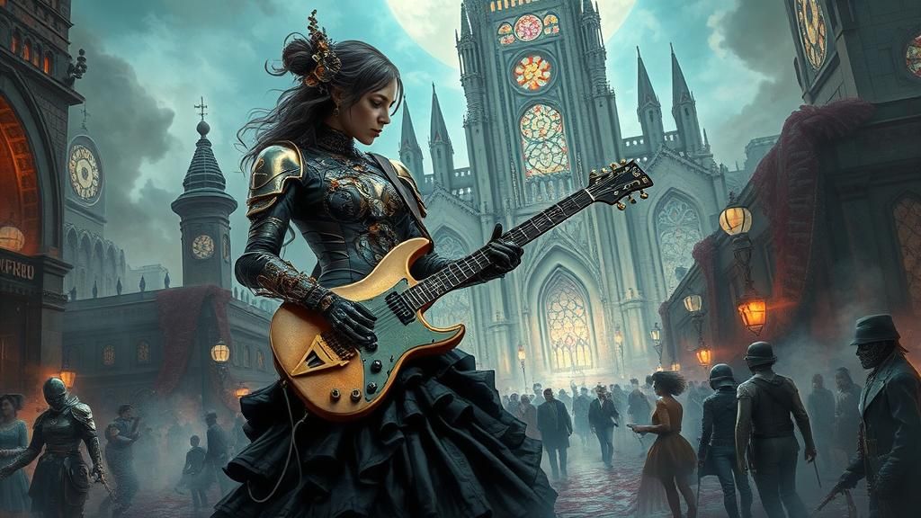 Cyborg Steampunk Woman Plays Guitar in Futuristic City