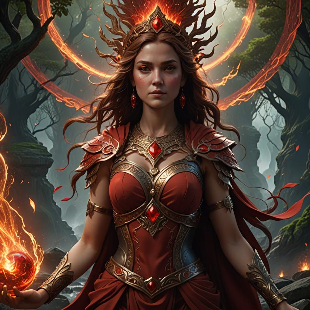 Goddess of the Elements in Vibrant Red Robes