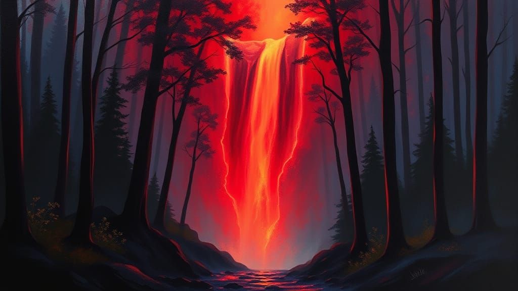 Mysterious Forest Unveiled by Fiery Waterfall in Vibrant Oil...