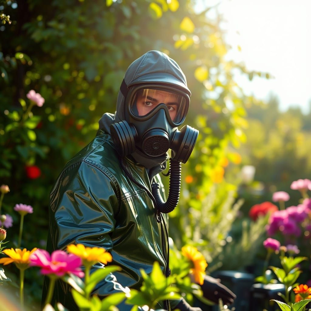 Man in Rubber Suit Gardening in Sunlight