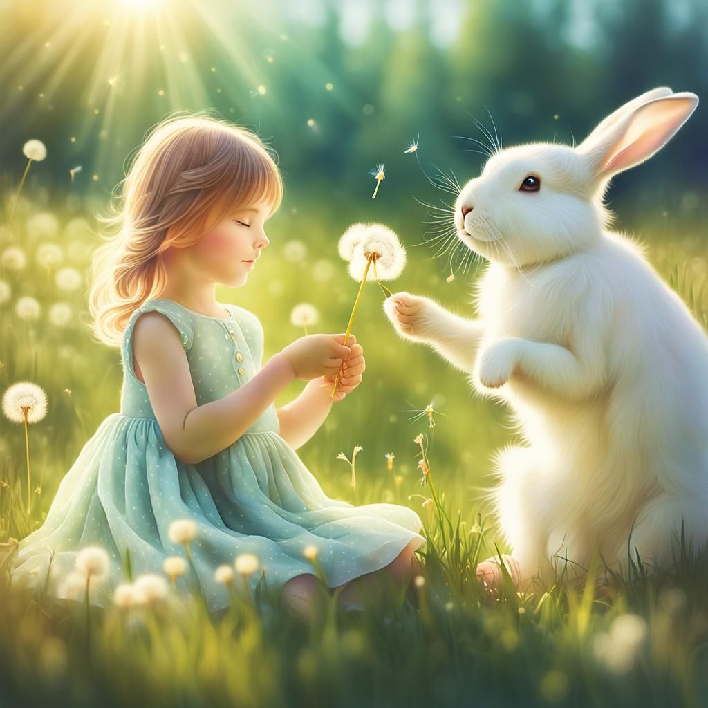 Girl and Rabbit in Sunlit Meadow: Whimsical Digital Art