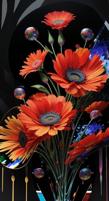 Abstract Flowers in Liquid Metal: Vasarely Style