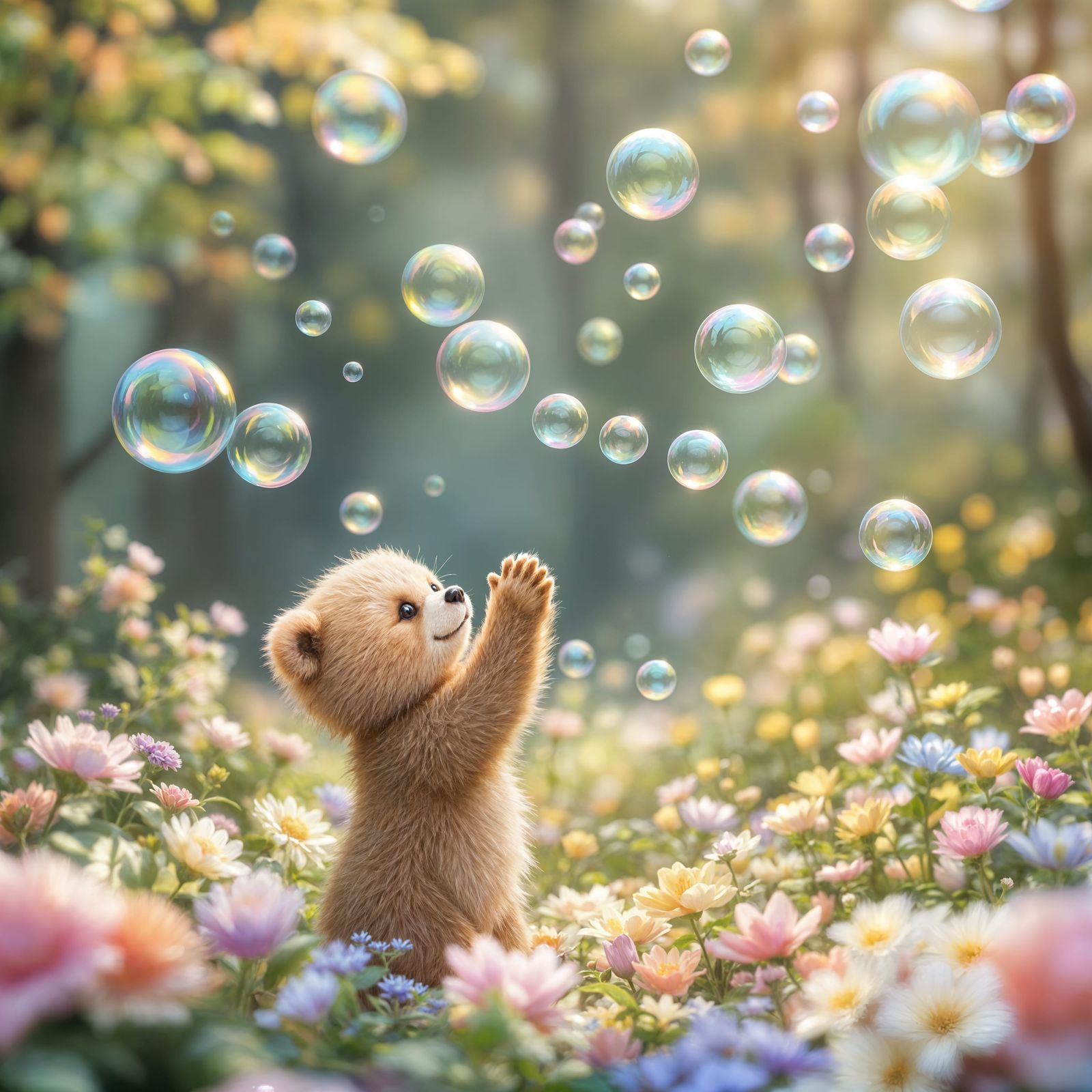 Whimsical Bear Cub in a Pastel Paradise