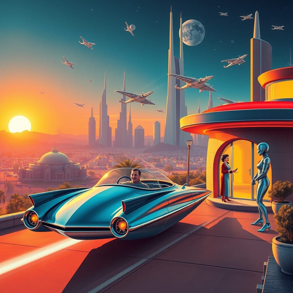 Retro-Futuristic George Jetson Returns Home in a Flying Car