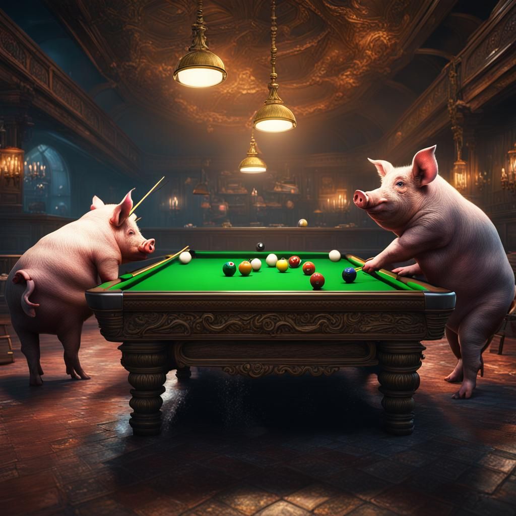 Pigs Play Snooker in Detailed Matte Painting