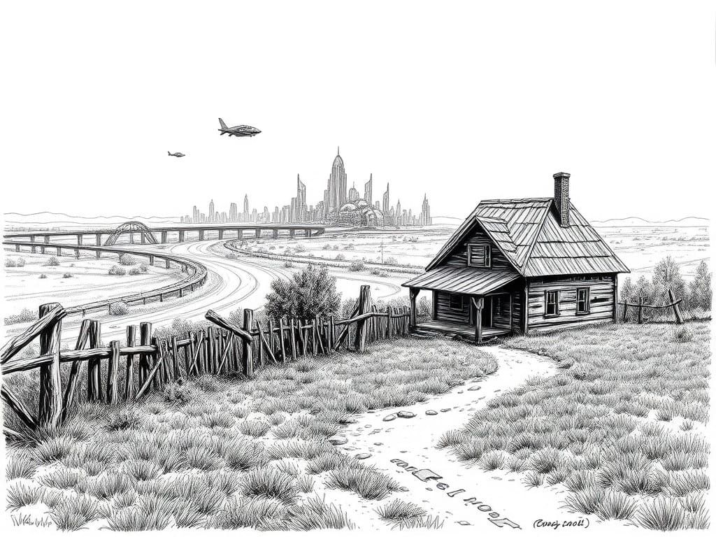Rustic Abandoned House on the Cusp of Cyberpunk Metropolis
